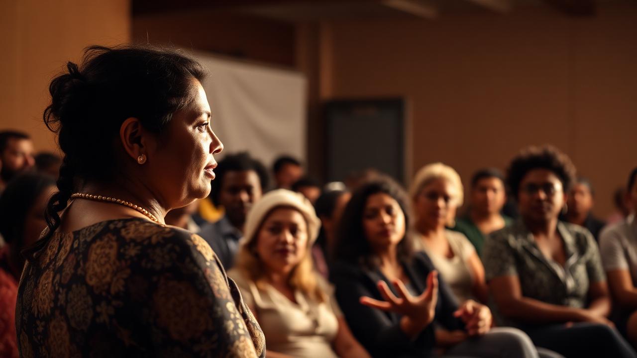 Mulher falando em encontro comunitário