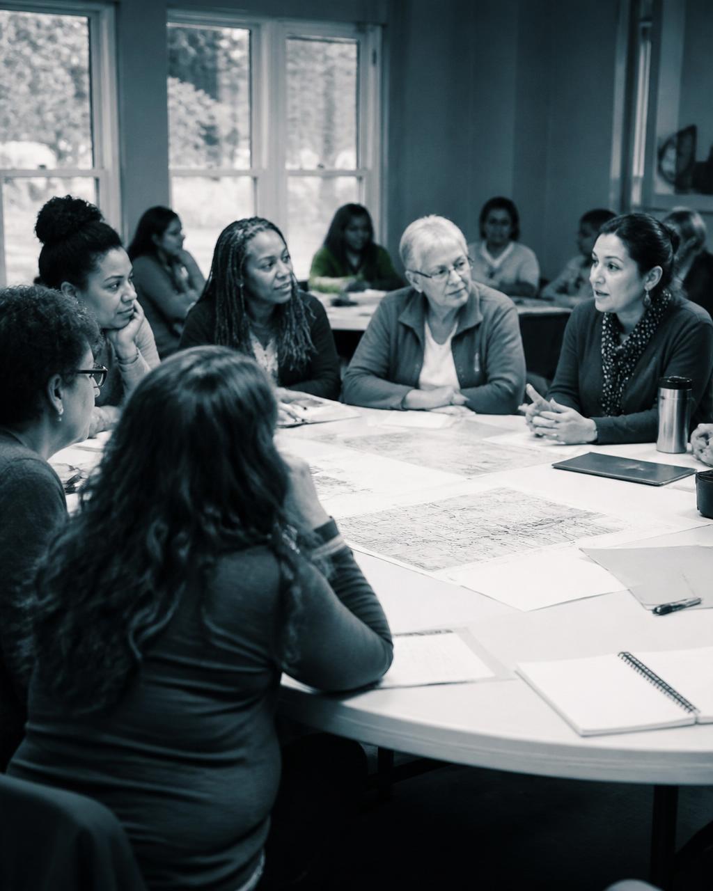 Mesa de discussão com mulheres debatendo políticas públicas