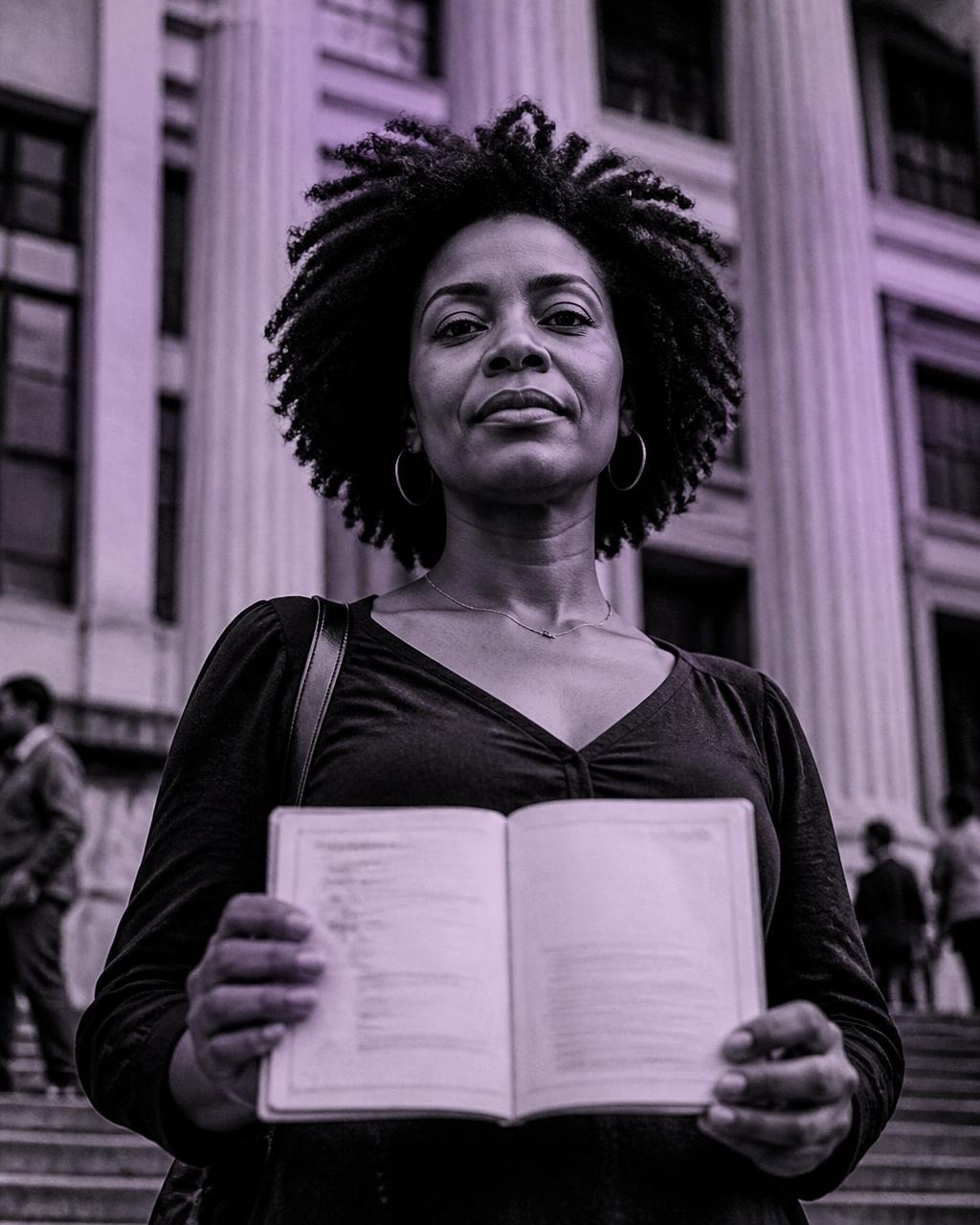 Mulher segurando um documento aberto em frente a uma instituição pública