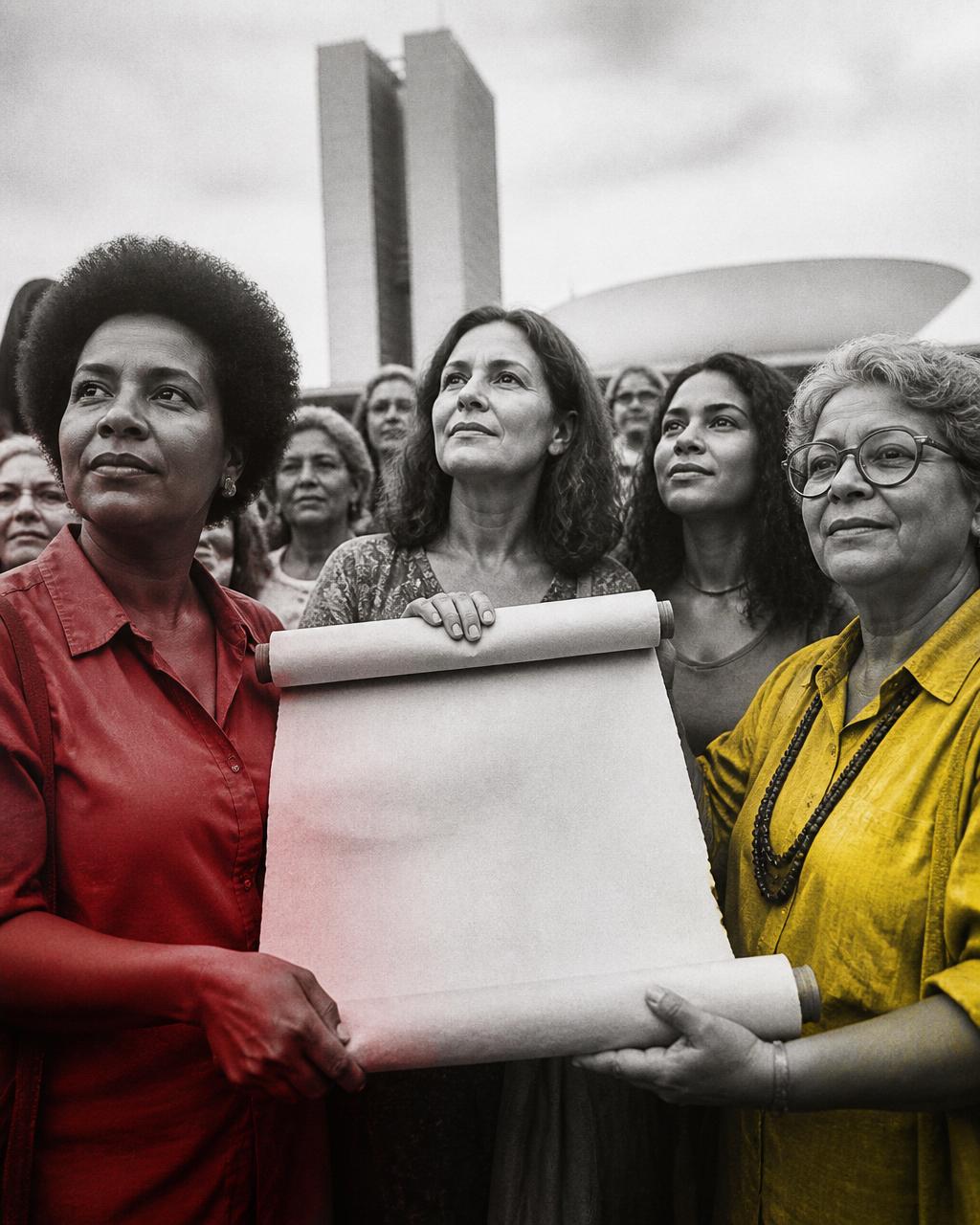 Mulheres reunidas com um documento simbólico representando a Constituição das Mulheres Vivas
